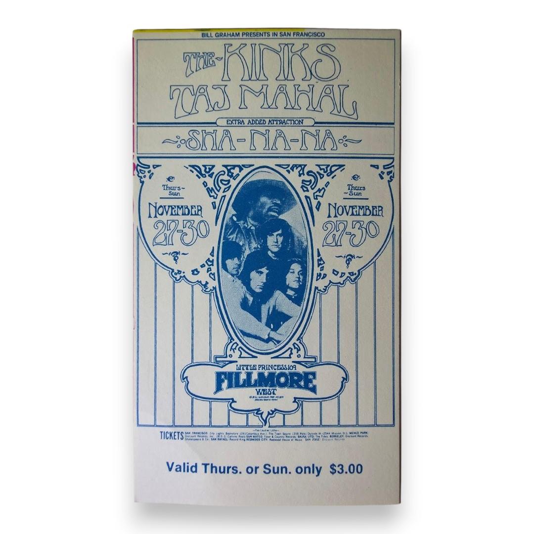 The Kinks, Taj Mahall, Sha Na Na - November 27 & 30, 1969 - The Fillmore | Vintage Concert Ticket