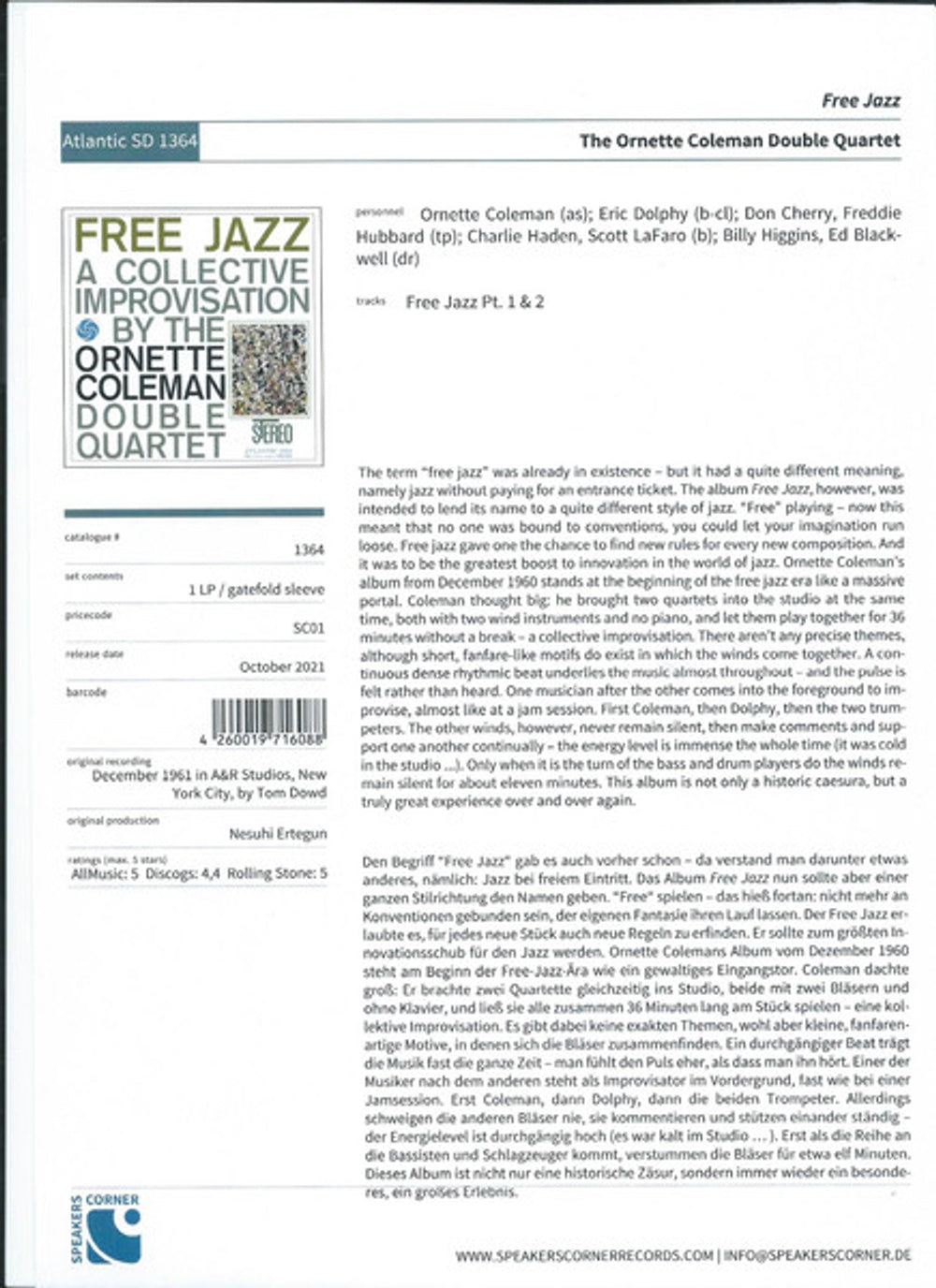 The Ornette Coleman Double Quartet – Free Jazz (LP Vinyl)