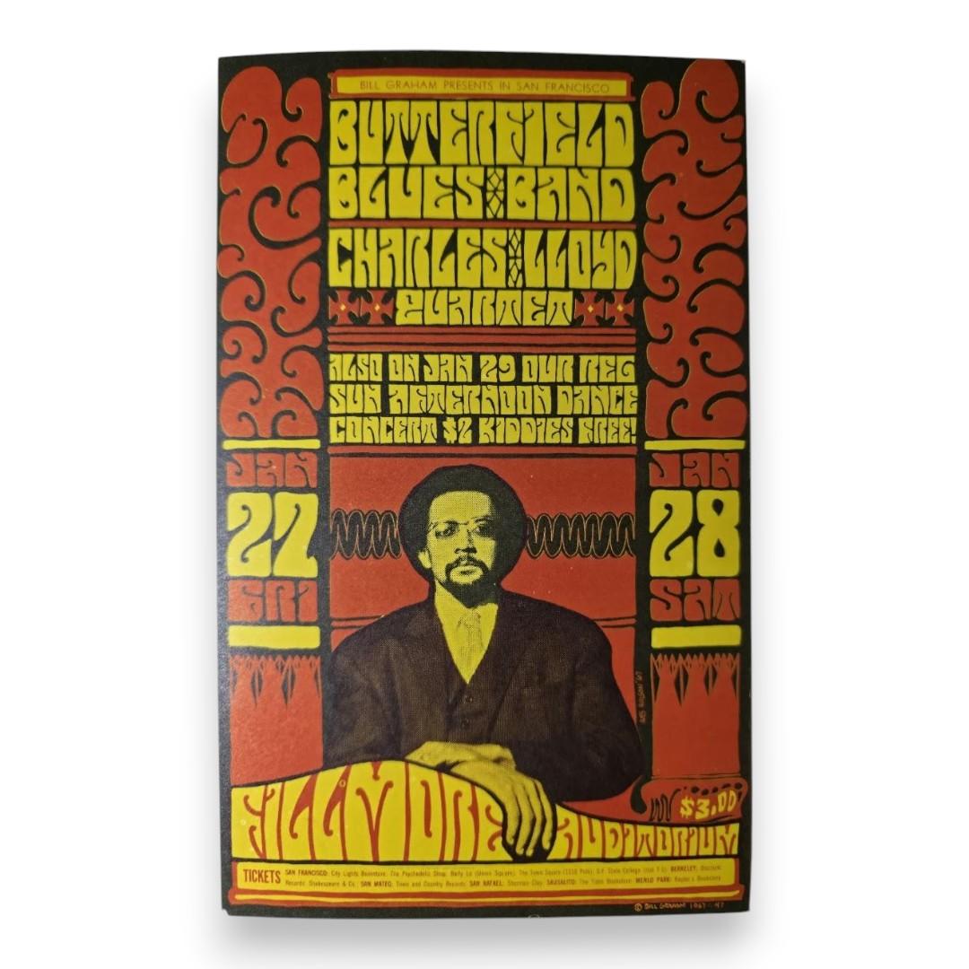 The Paul Butterfield Blues Band, Charles Lloyd Quartet, The Fillmore by Wes Wilson | January 27-28, 1967 | Vintage Postcard - Front