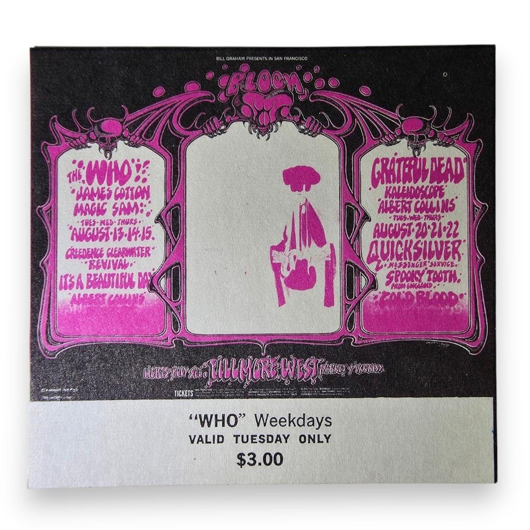 The Who, James Cotton, Creedence Clearwater Revival, Grateful Dead – The Fillmore, San Francisco (Aug 13, 1968) by Rick Griffin & Alton Kelley (Concert Ticket)