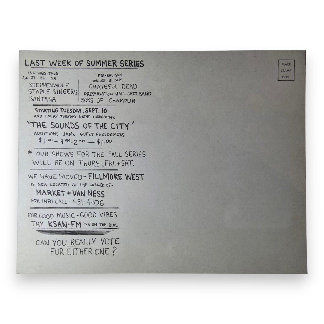 The Who, James Cotton, Creedence Clearwater Revival, Grateful Dead – The Fillmore, San Francisco (Aug 13, 1968) by Rick Griffin & Alton Kelley (Postcard)