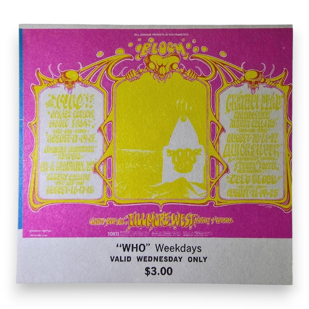 The Who, James Cotton, Creedence Clearwater Revival, Grateful Dead – The Fillmore, San Francisco (Aug 14, 1968) by Rick Griffin & Alton Kelley (Concert Ticket)