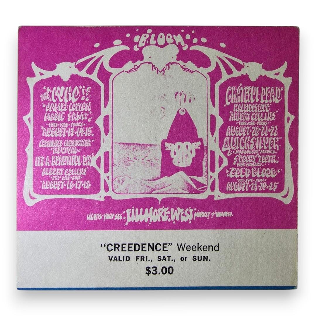 The Who, James Cotton, Creedence Clearwater Revival, Grateful Dead – The Fillmore, San Francisco (Aug 16–18, 1968) by Rick Griffin & Alton Kelley ("Creedence" Weekend Concert Ticket, Good Condition)