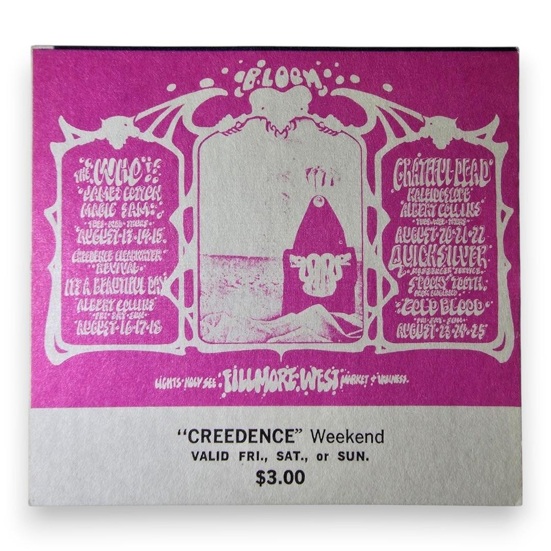 The Who, James Cotton, Creedence Clearwater Revival, Grateful Dead – The Fillmore, San Francisco (Aug 16–18, 1968) by Rick Griffin & Alton Kelley ("Creedence" Weekend Concert Ticket, Very Good Condition)