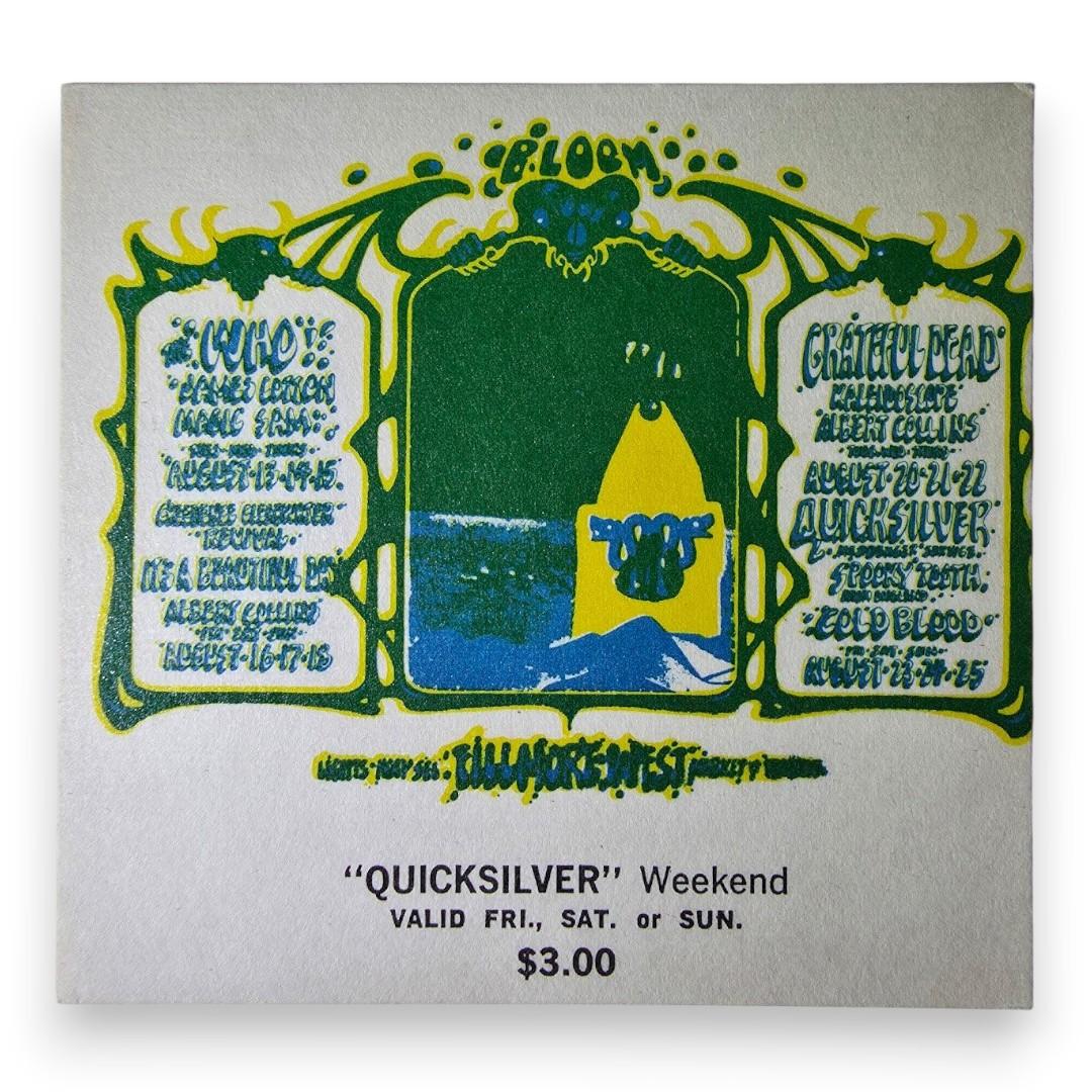 The Who, James Cotton, Creedence Clearwater Revival, Grateful Dead – The Fillmore, San Francisco (Aug 16–18, 1968) by Rick Griffin & Alton Kelley ("Quicksilver" Weekend Concert Ticket, Good Condition)