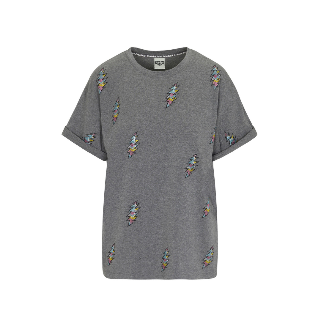 Grateful Dead 13 Pt. Bolt Rhinestone Relaxed T-Shirt - Heather Gray