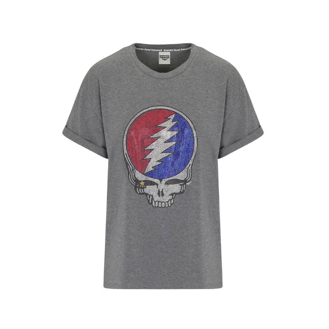 Grateful Dead Rhinestone Stealie Relaxed T-Shirt - Heather Gray