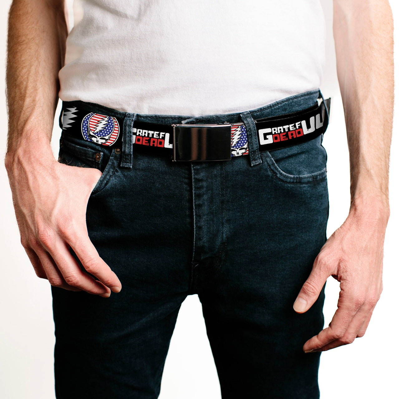 Web Belt Blank Black Buckle - GRATEFUL DEAD Text with Steal Your Face Stars and Stripes Logo Black/White/Red/Blue Webbing