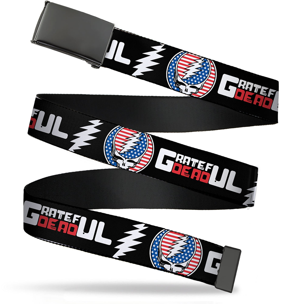 Web Belt Blank Black Buckle - GRATEFUL DEAD Text with Steal Your Face Stars and Stripes Logo Black/White/Red/Blue Webbing