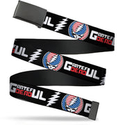 Web Belt Blank Black Buckle - GRATEFUL DEAD Text with Steal Your Face Stars and Stripes Logo Black/White/Red/Blue Webbing