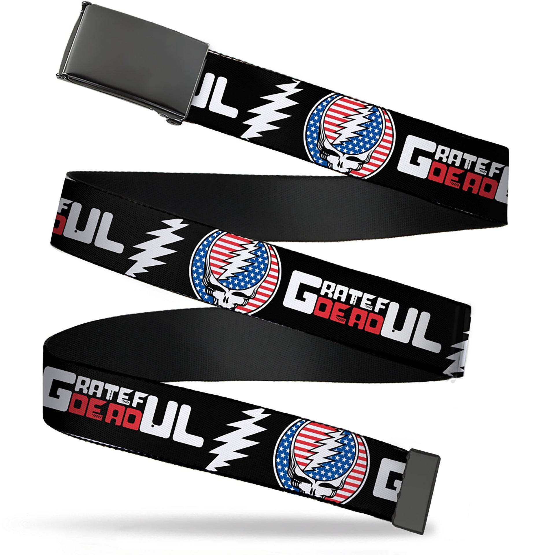 Web Belt Blank Black Buckle - GRATEFUL DEAD Text with Steal Your Face Stars and Stripes Logo Black/White/Red/Blue Webbing