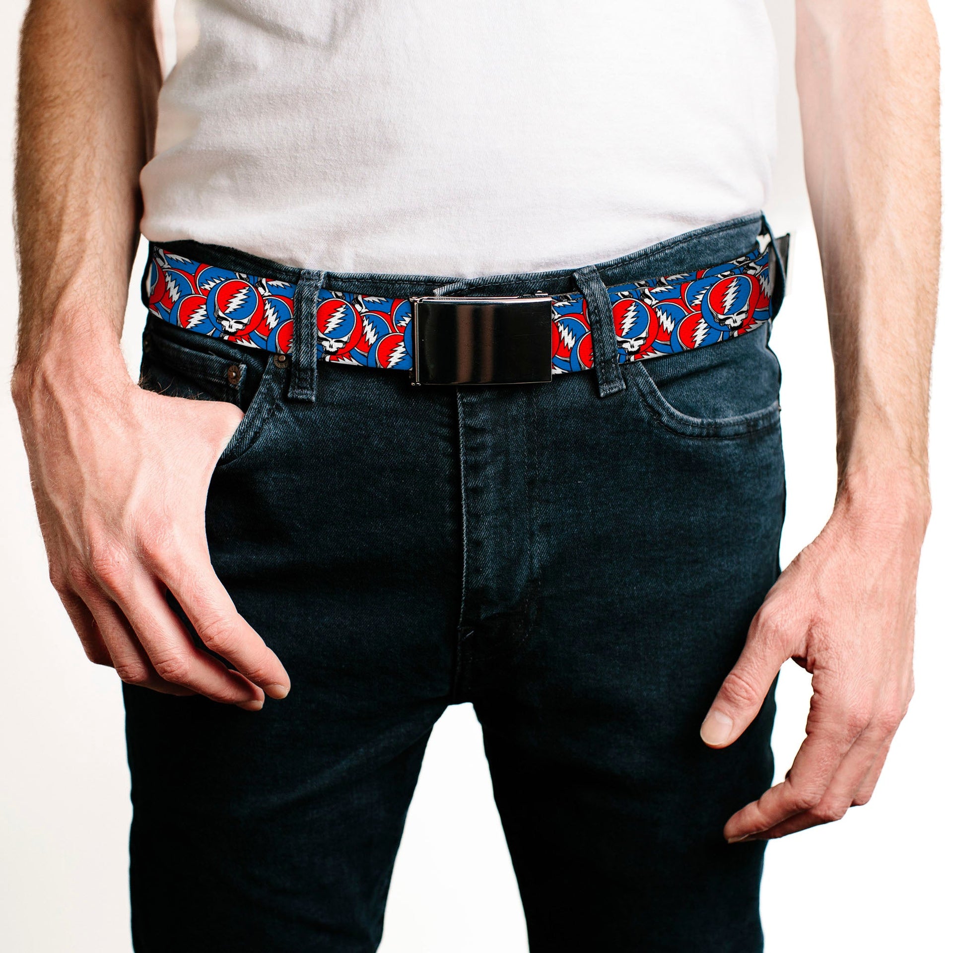 Web Belt Blank Black Buckle - Grateful Dead Steal Your Face Logo Stacked Red/White/Blue Webbing
