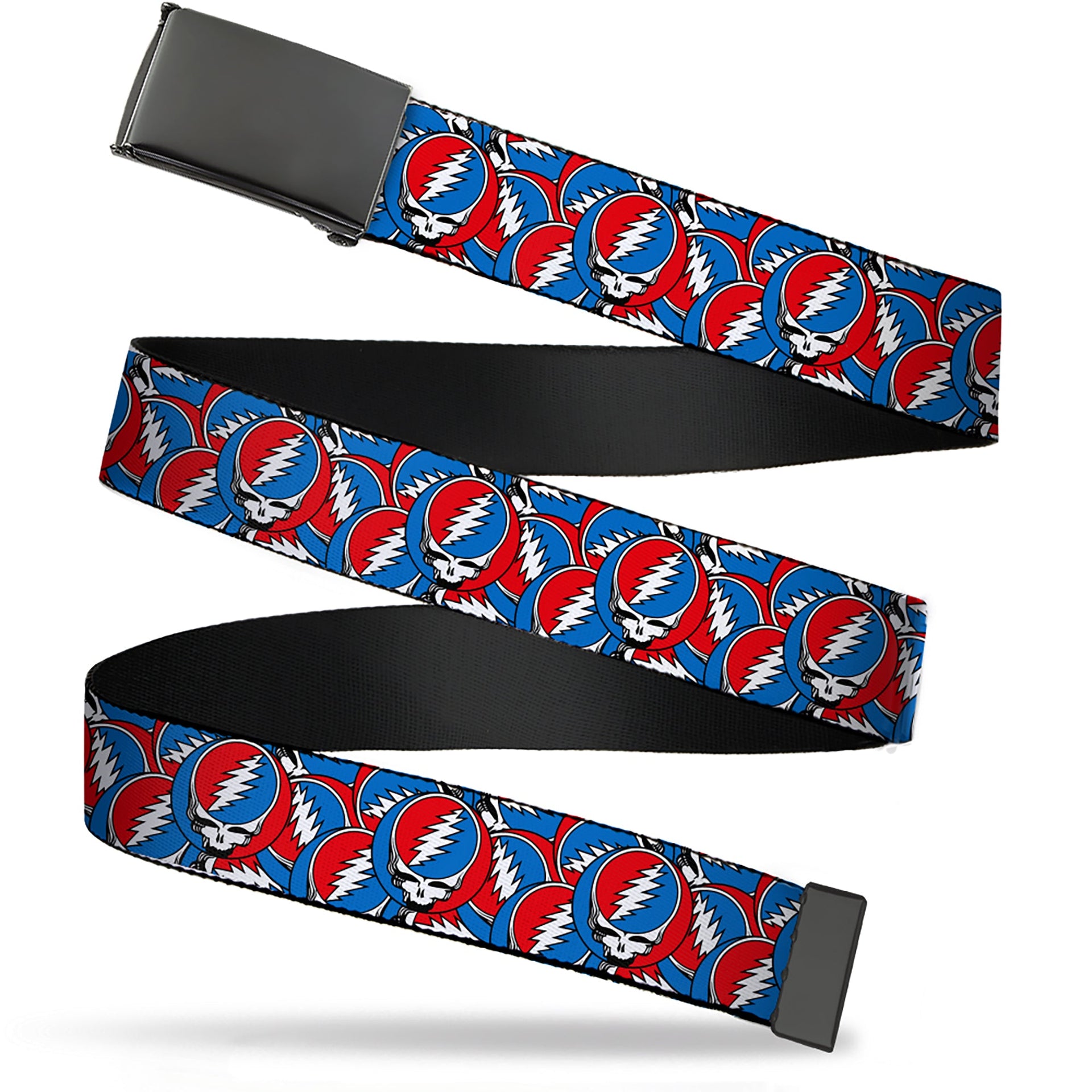 Web Belt Blank Black Buckle - Grateful Dead Steal Your Face Logo Stacked Red/White/Blue Webbing