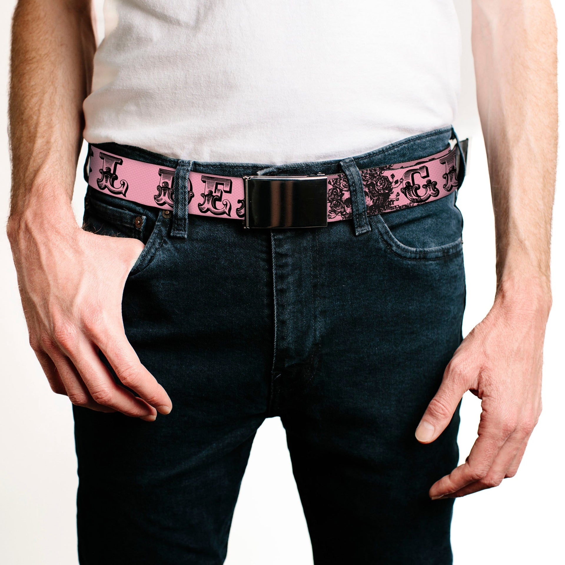 Web Belt Blank Black Buckle - Grateful Dead Text w/Skull & Roses Pink Webbing