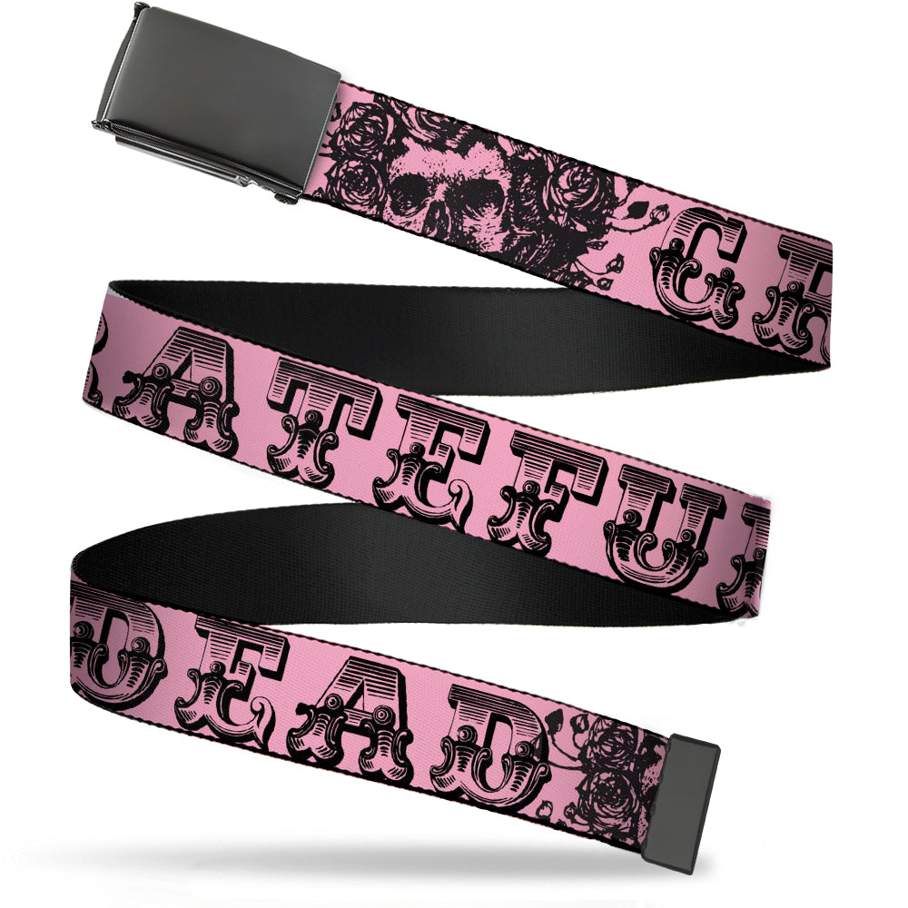 Web Belt Blank Black Buckle - Grateful Dead Text w/Skull & Roses Pink Webbing