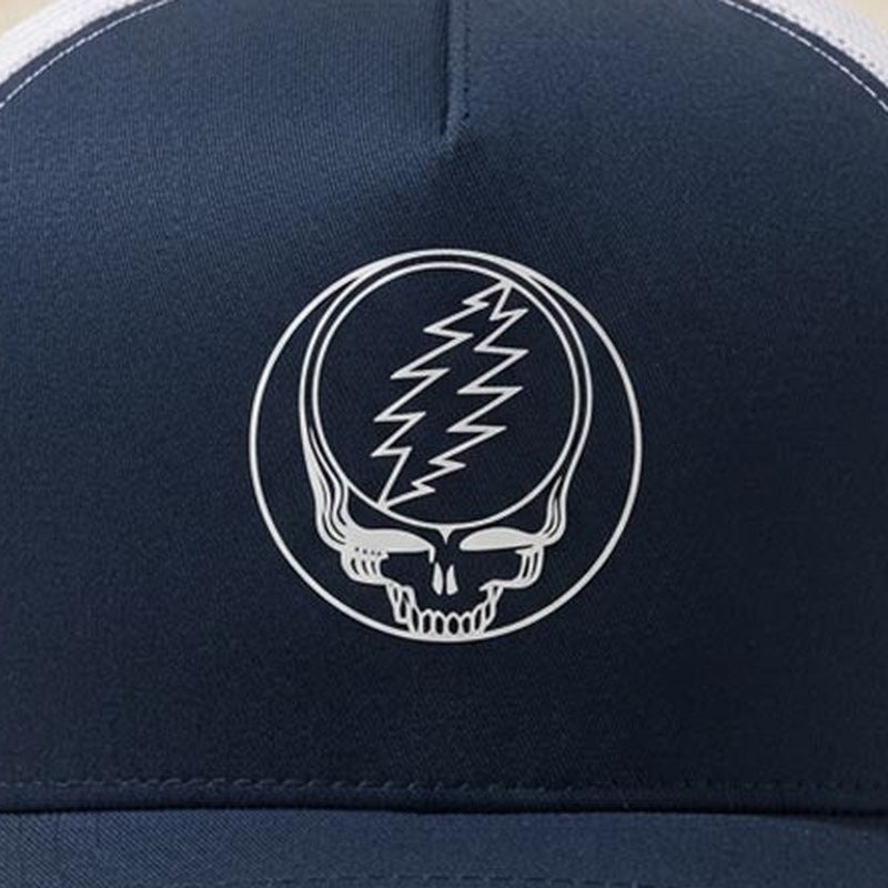 Close-up of the design on the Grateful Dead White Stealie Trucker Hat - Navy/White