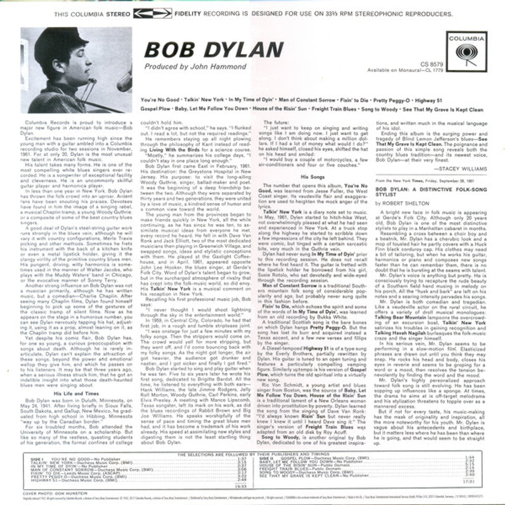 Back Cover 2: Bob Dylan – Bob Dylan (Import LP Vinyl) Vinyl LP | Relix