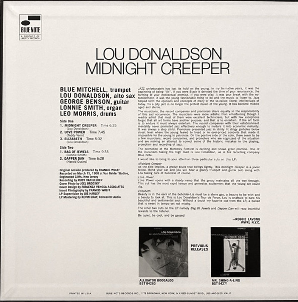 Back Cover 2: Lou Donaldson – Midnight Creeper (Blue Note Tone Poet Series LP Vinyl) Vinyl LP | Relix