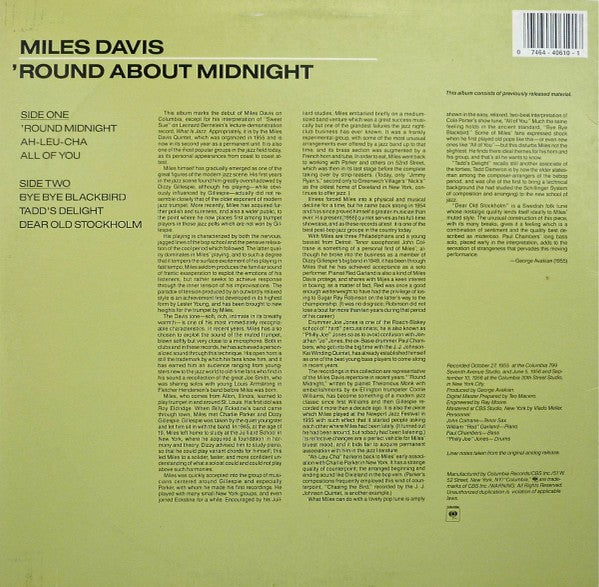 Back Cover 2: Miles Davis – 'Round About Midnight Vinyl LP | Relix