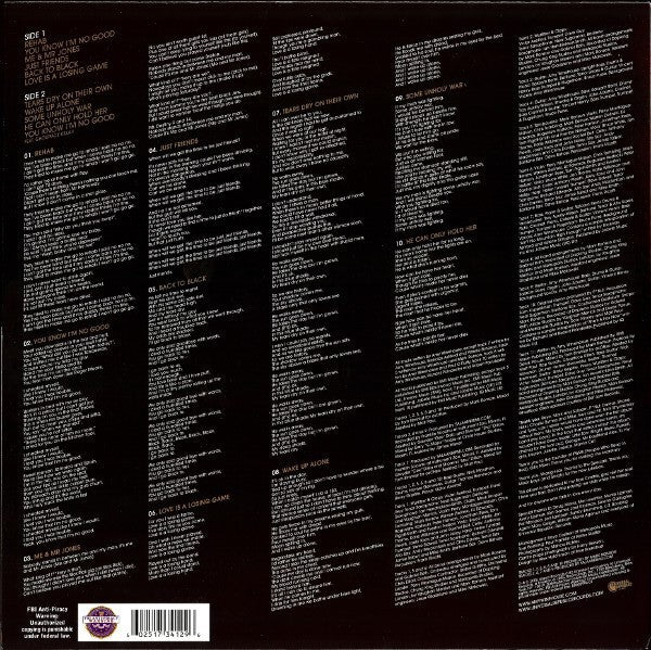 Back Cover: Amy Winehouse – Back To Black (LP Vinyl) Vinyl LP | Relix