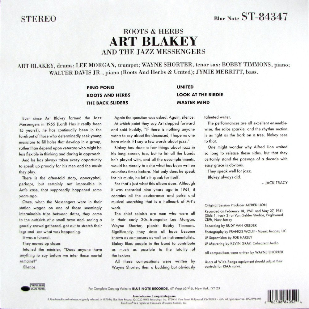 Back Cover: Art Blakey & The Jazz Messengers – Roots And Herbs (Blue Note Tone Poet Series LP Vinyl) Vinyl LP | Relix