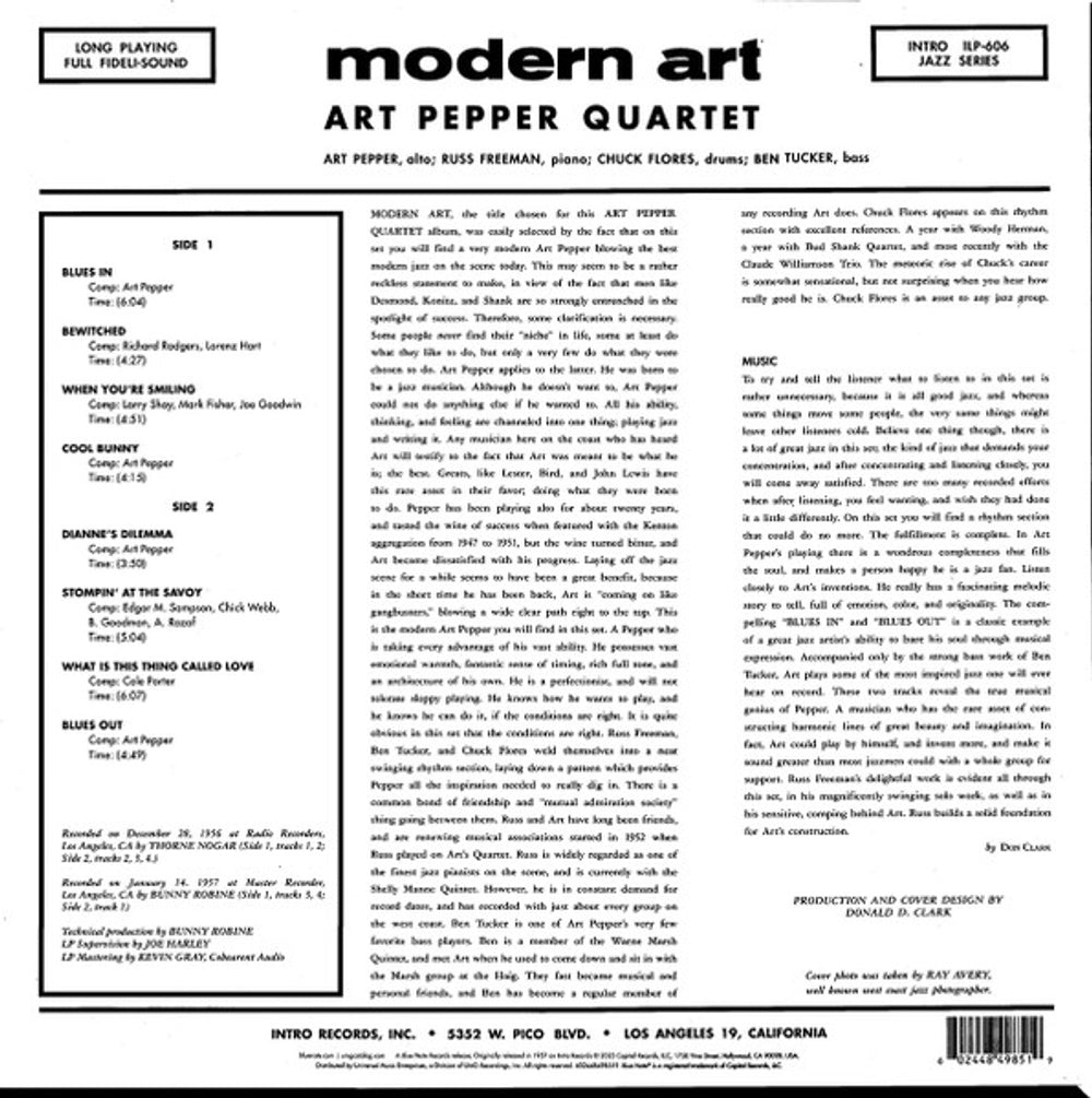 Back Cover: Art Pepper – Modern Art (Blue Note Tone Poet Edition, 180 Gram LP Vinyl) Vinyl LP | Relix
