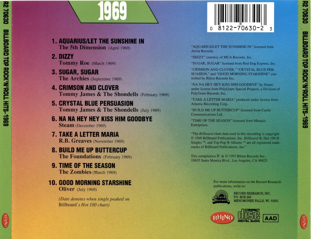 Back Cover: Billboard Top Rock N Roll H – Billboard Top Hits: 1969 / Various CD | Relix