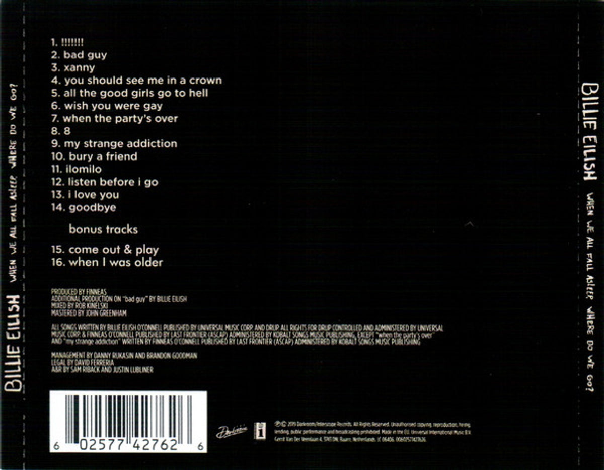 Back Cover: Billie Eilish – When We All Fall Asleep, WHERE Do We Go? (CD) CD | Relix