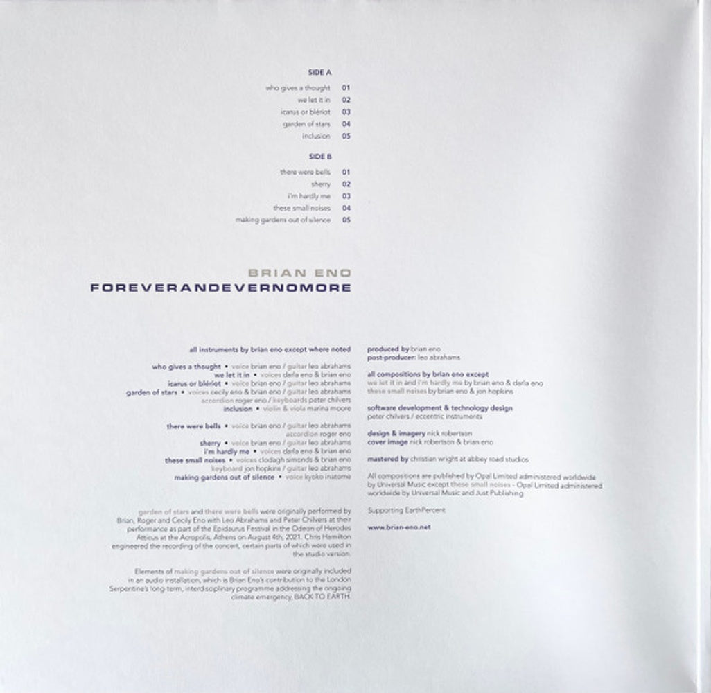 Back Cover: Brian Eno – FOREVERANDEVERNOMORE Vinyl LP | Relix