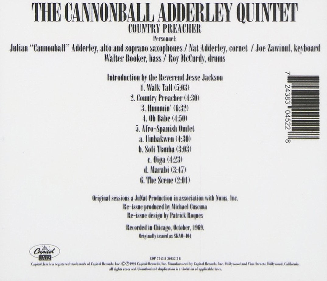 Back Cover: Cannonball Adderley Quintet – Country Preacher: Live at Operation Breadbasket CD | Relix
