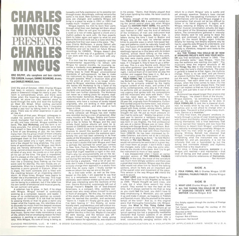 Back Cover: Charles Mingus – Presents Charles Mingus (180 Gram LP Vinyl) Vinyl LP | Relix