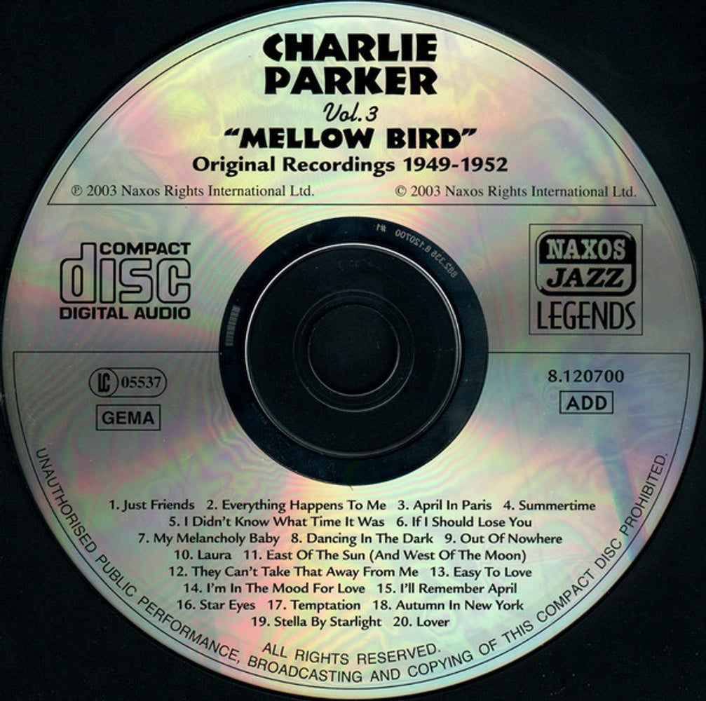 Back Cover: Charlie Parker – Vol. 3-Mellow Bird (Import CD) CD | Relix
