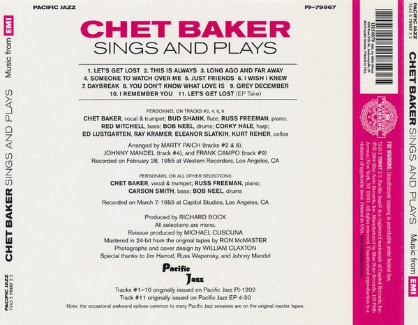 Back Cover: Chet Baker – Chet Baker Sings & Plays (Remastered CD) CD | Relix