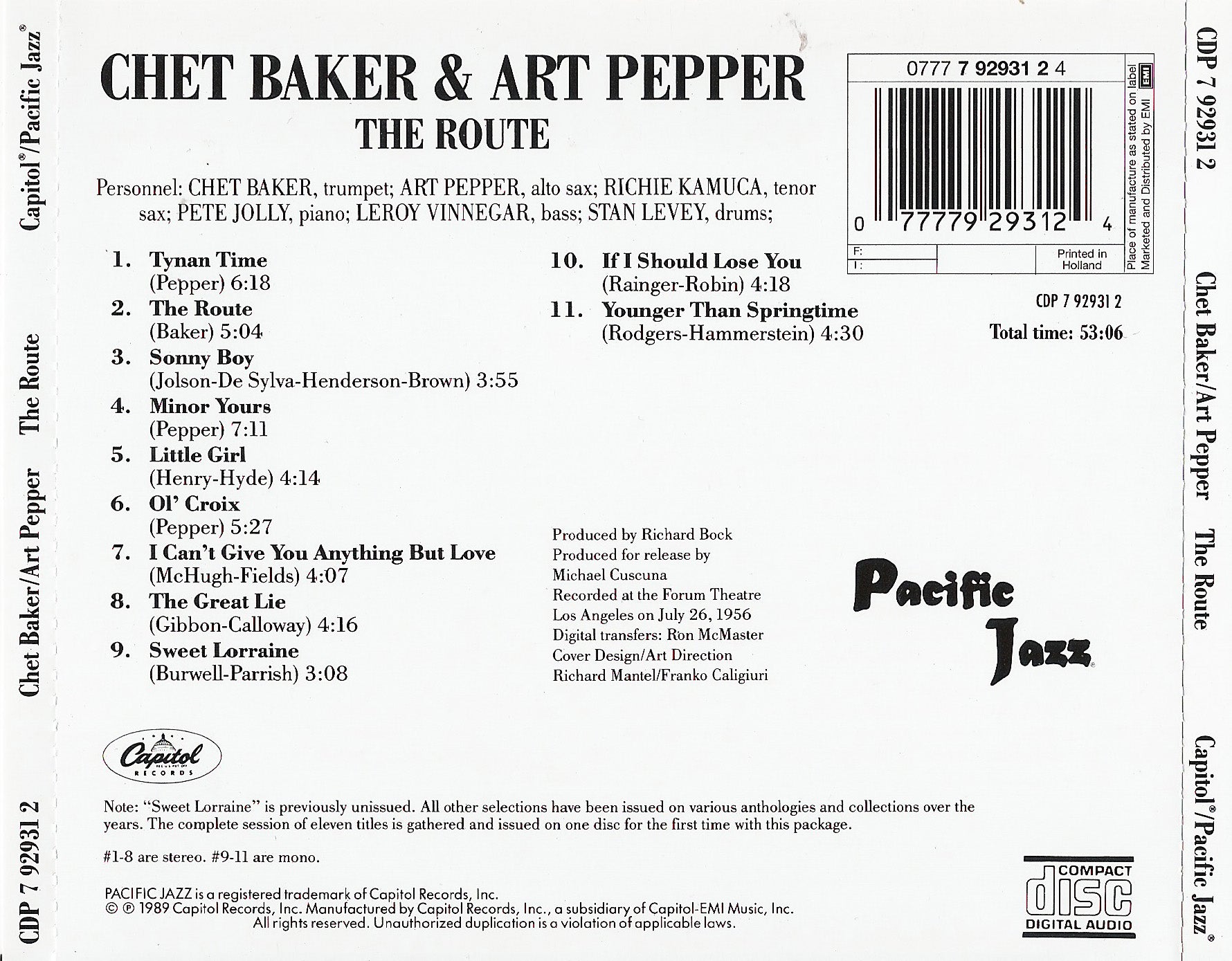 Back Cover: Chet Baker – Route CD | Relix