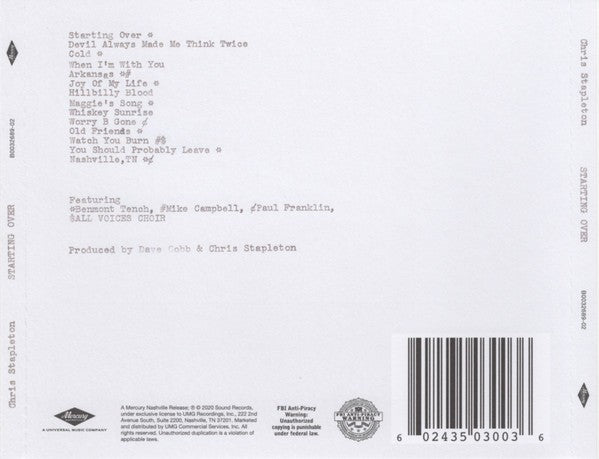 Back Cover: Chris Stapleton – Starting Over CD | Relix