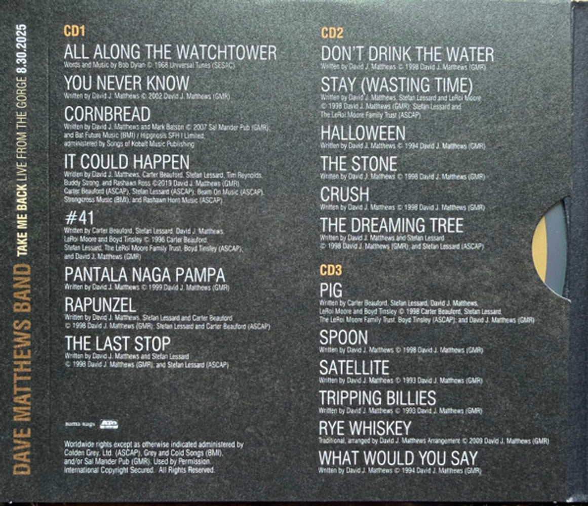 Back Cover: Dave Matthews – Take Me Back / Live From the Gorge, George, Wa 8.30.2025 CD | Relix