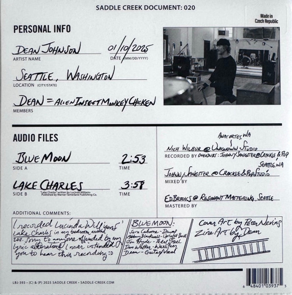 Back Cover: Dean Johnson – Blue Moon b/w Lake Charles Saddle Creek (7" Vinyl) Vinyl LP | Relix