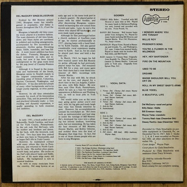 Back Cover: Del Mccoury – Del McCoury Sings Bluegrass Vinyl LP | Relix