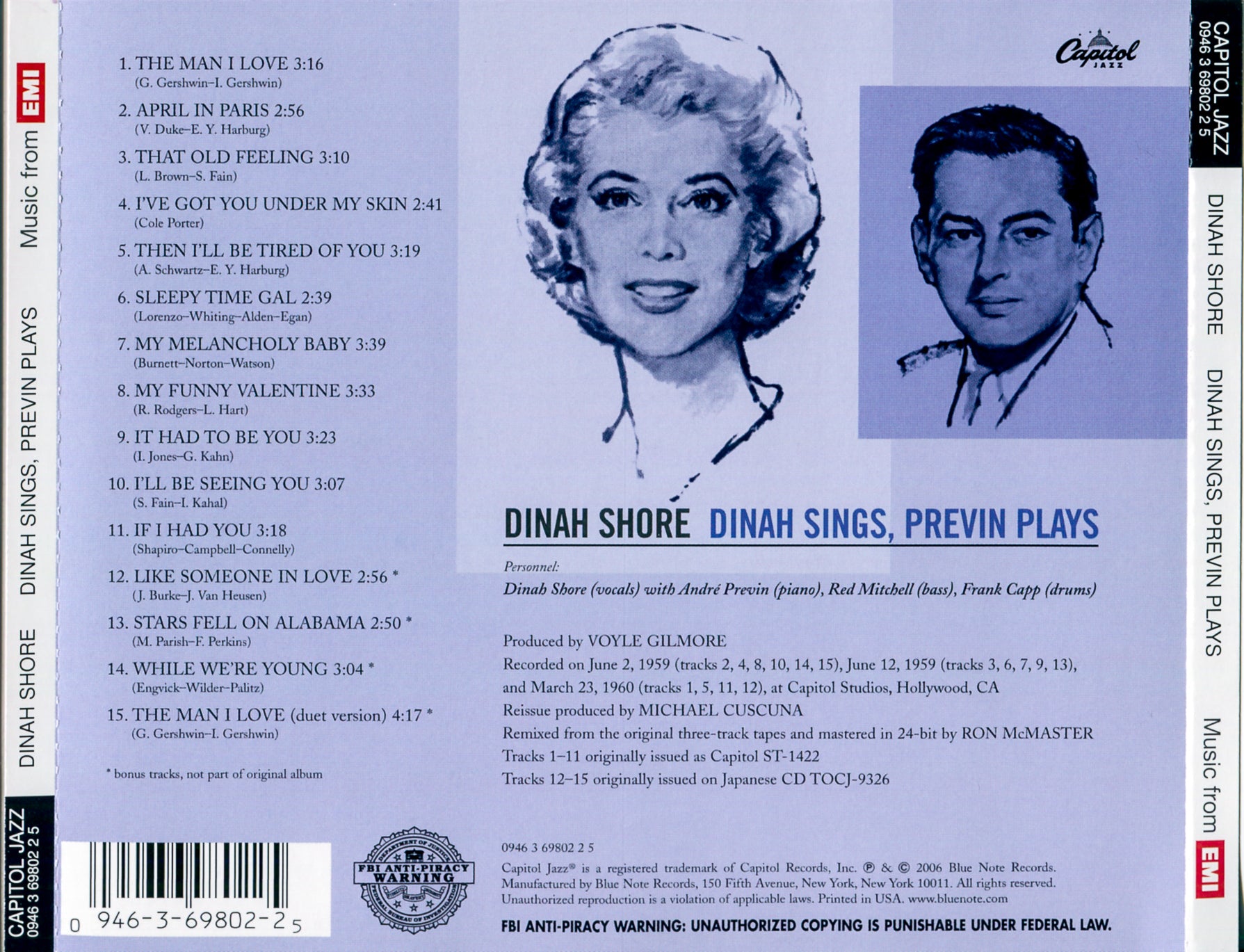 Back Cover: Dinah Shore – Dinah Sings Previn Plays CD | Relix