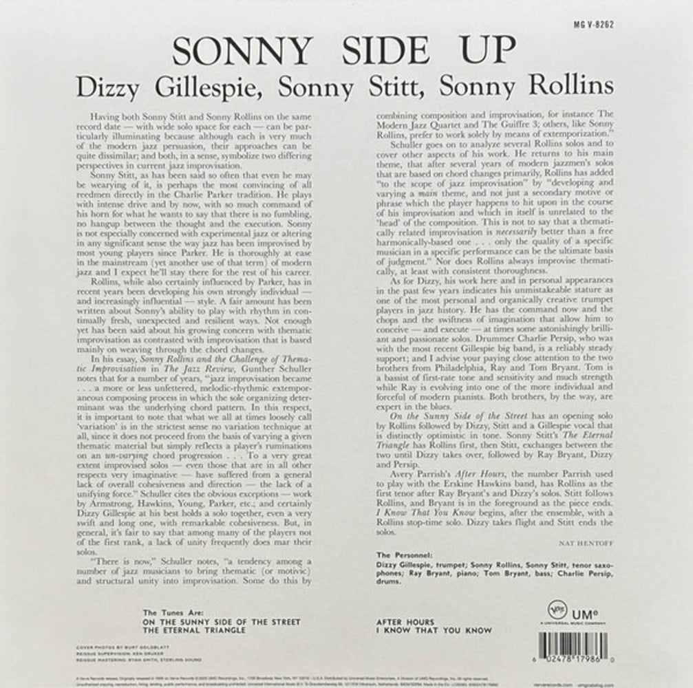 Back Cover: Dizzy Gillespie  / Sonny Stitt / Sonny Rollins – Sonny Side Up (Verve Vault Series, 180 Gram LP Vinyl) Vinyl LP | Relix