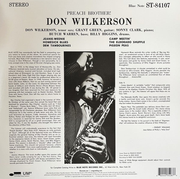Back Cover: Don Wilkerson – Preach Brother! (Blue Note Classic Vinyl Series)[LP] Vinyl LP | Relix