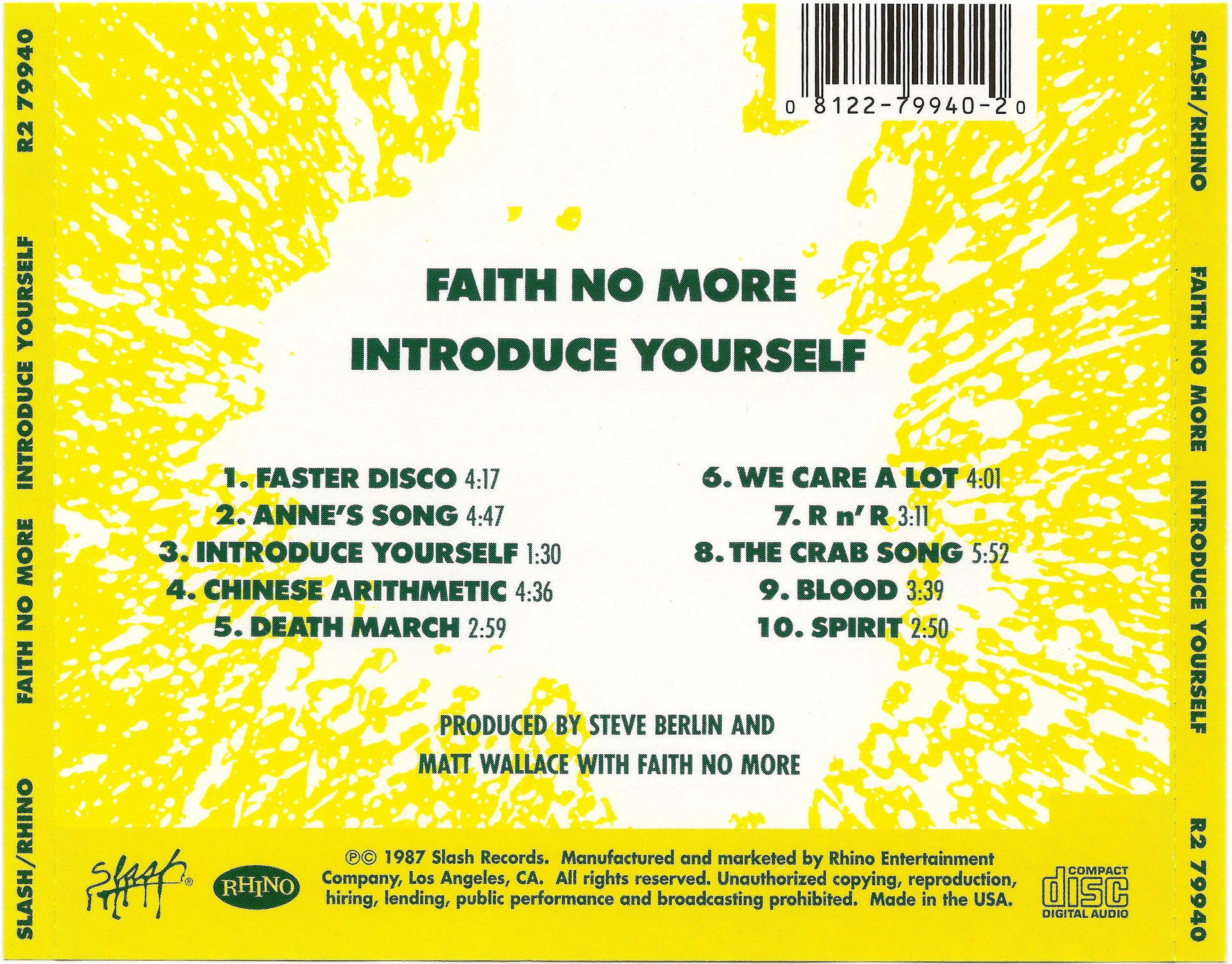 Back Cover: Faith No More – Introduce Yourself CD | Relix