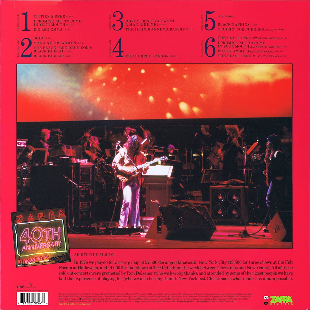 Back Cover: Frank Zappa – Zappa In New York (40th Anniversary LP Vinyl) Vinyl LP | Relix