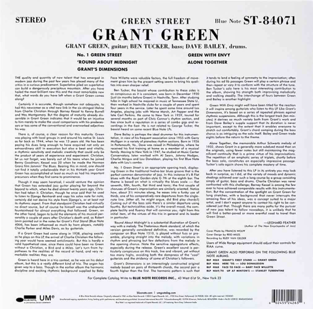 Back Cover: Grant Green – Green Street (Blue Note Classic Vinyl Series) Vinyl LP | Relix