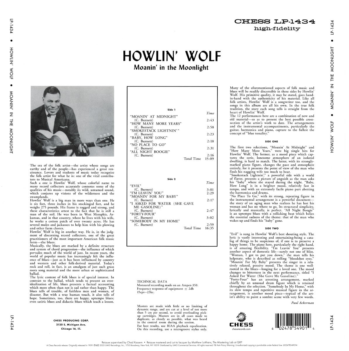 Back Cover: Howlin' Wolf – Moanin' In The Moonlight (Chess 75 Series, 180 Gram LP Vinyl) Vinyl LP | Relix