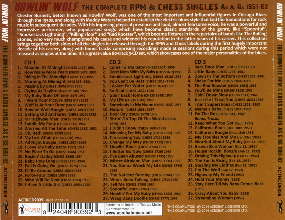 Back Cover: Howlin' Wolf – Wolf, Howlin : Complete RPM &Chess Singles As & BS 1951-62 CD | Relix