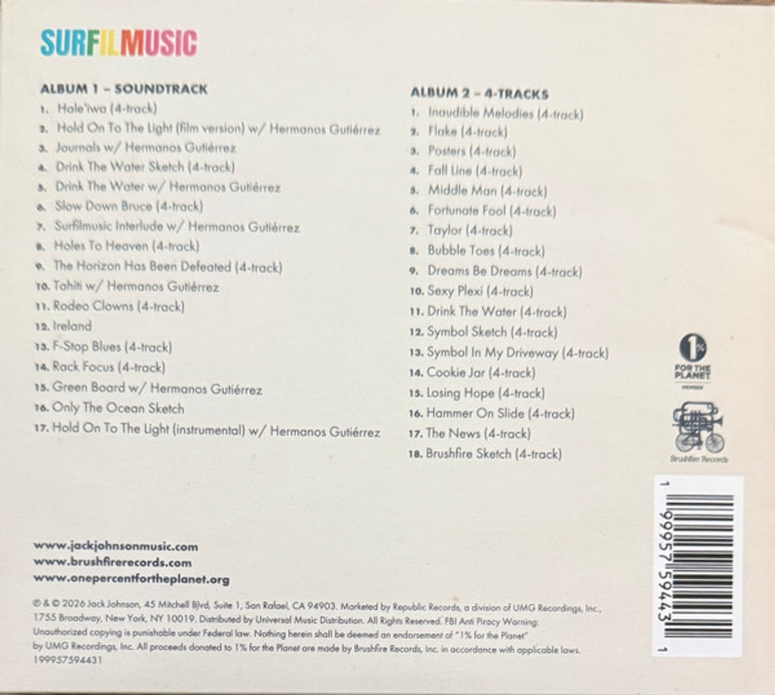 Back Cover: Jack Johnson – SURFILMUSIC (Soundtrack & 4-Tracks CD) CD | Relix