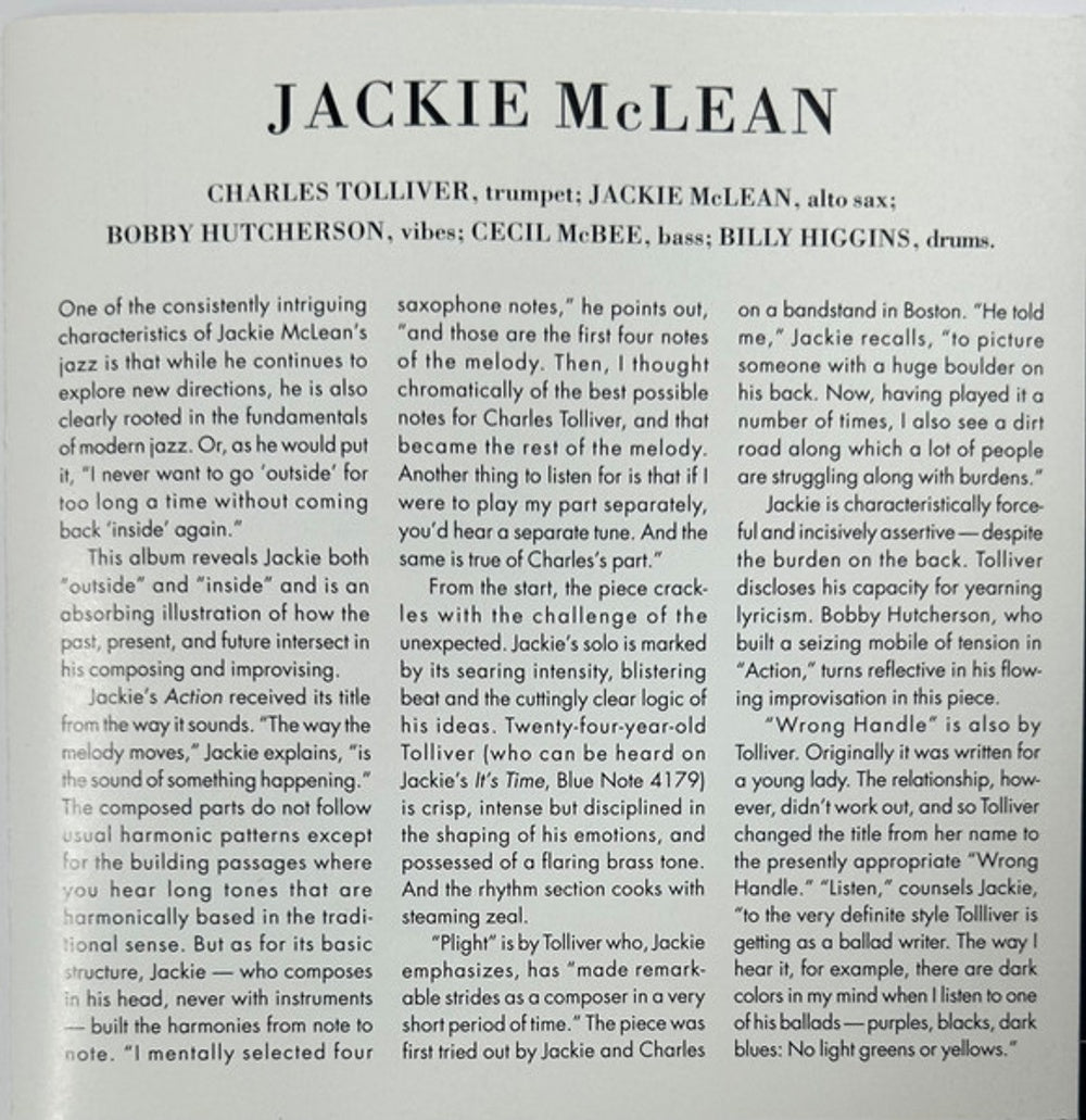 Back Cover: Jackie Mclean – Action (Remastered CD) CD | Relix