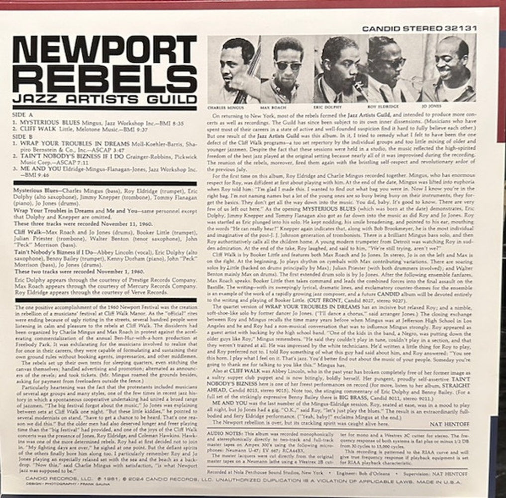 Back Cover: Jazz Artist Guild – Newport Rebels (2024 Remaster, Deluxe, 180 Gram LP Vinyl) Vinyl LP | Relix