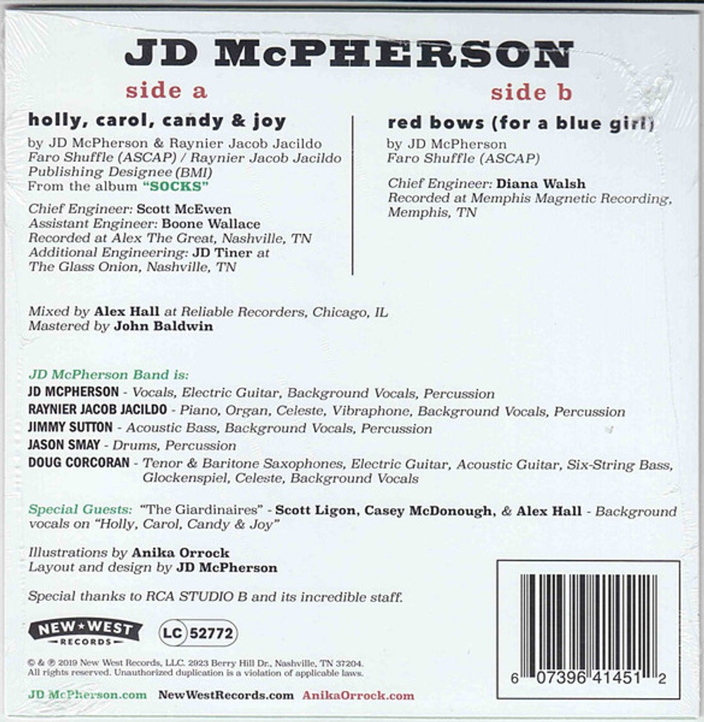 Back Cover: JD McPherson – "Red Bows For A Blue Girl" / "Holly, Carol, Candy and Joy" (RSD BF 2019 7" Vinyl) Vinyl LP | Relix